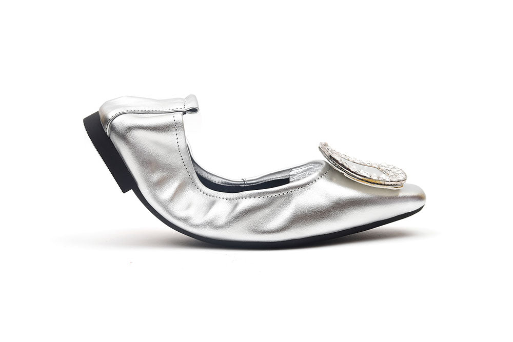 CRYSTAL BUCKLE LEATHER FOLDABLE FLATS