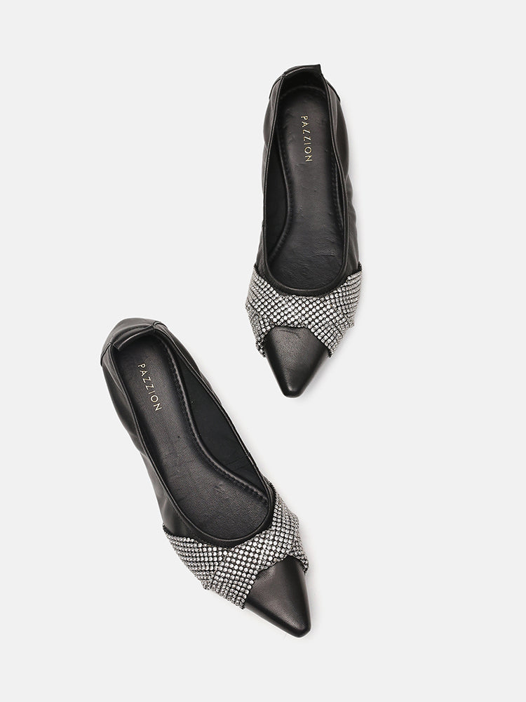 Anna Diamante Pointed Ballerinas- Black