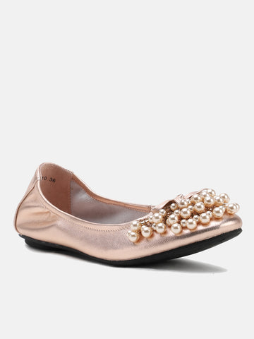 Pearl Diamante Embellished Ballerinas-Champagne