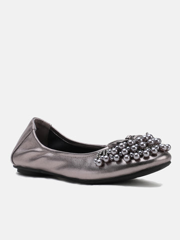 Pearl Diamante Embellished Ballerinas-Pewter