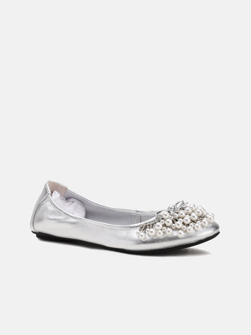 Pearl Diamante Embellished Ballerinas-Silver