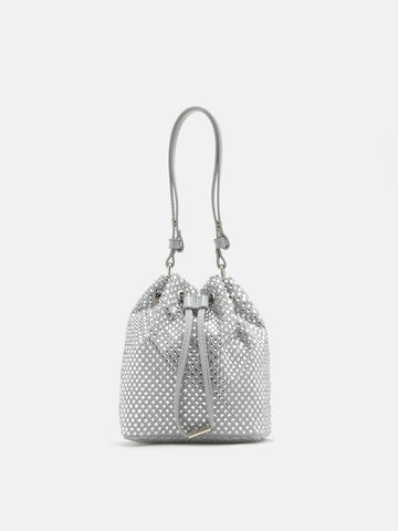Cleo Diamante Drawstring Bucket Bag- Silver