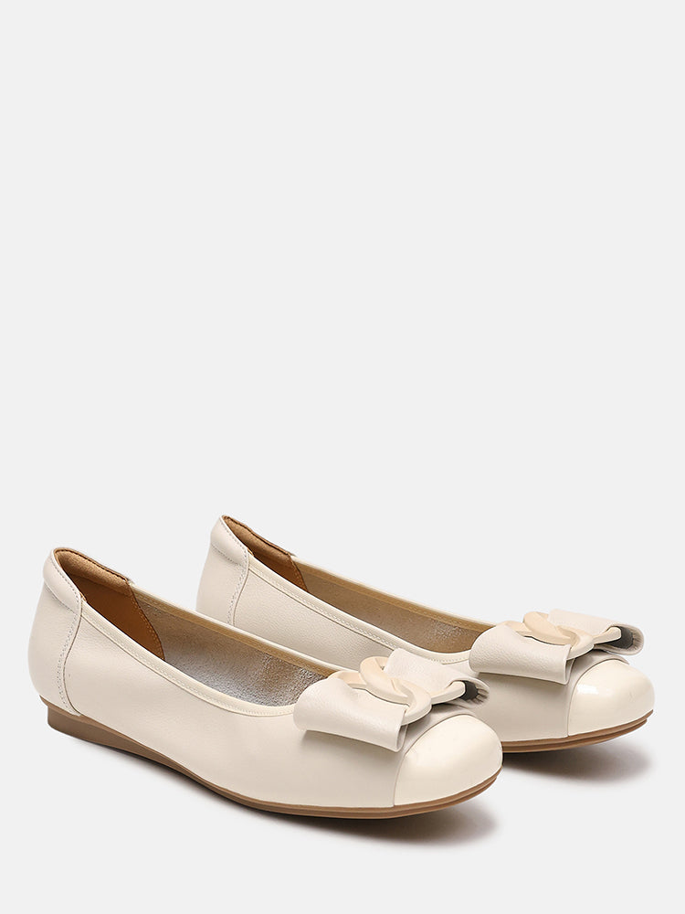 Jan Buckle Bow Square Toe Ballerinas- Beige