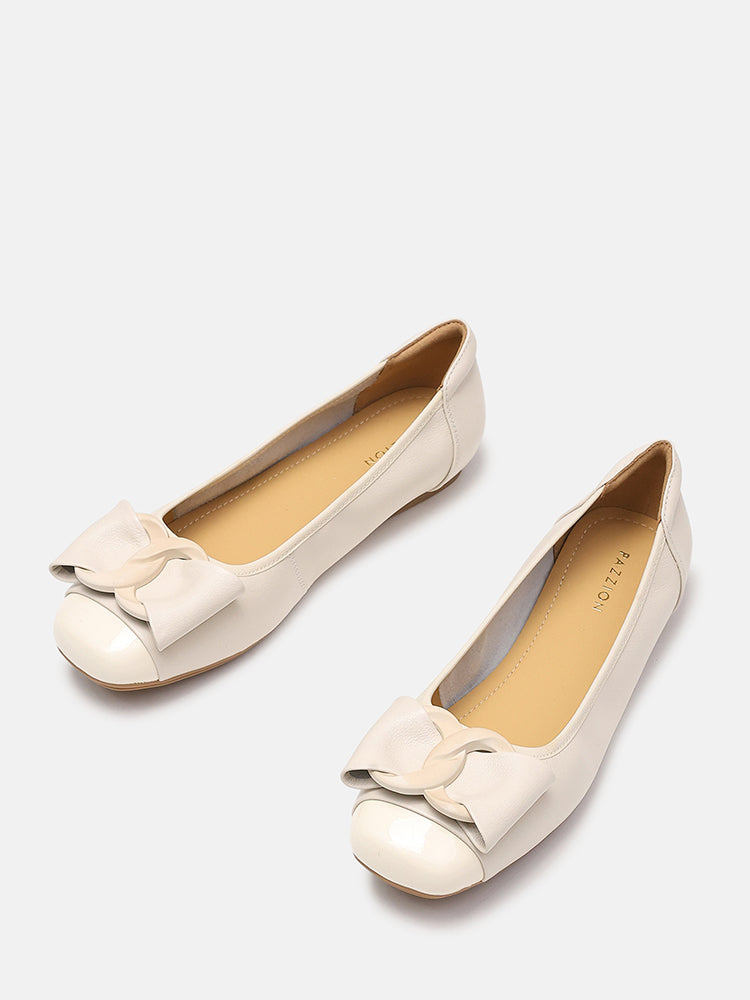 Jan Buckle Bow Square Toe Ballerinas- Beige