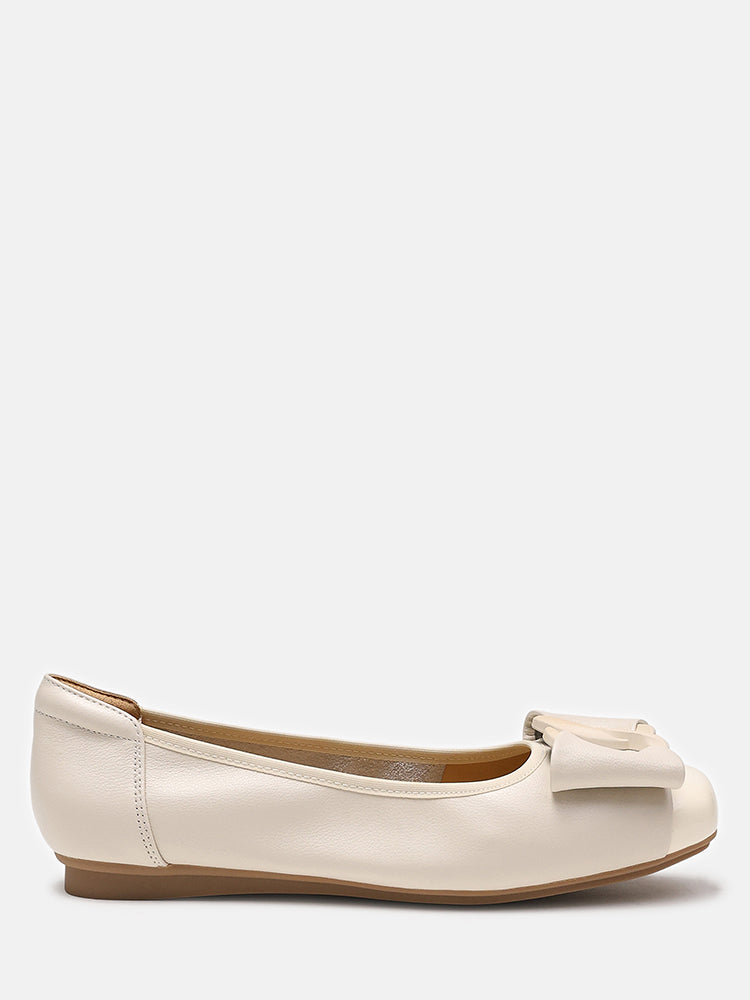 Jan Buckle Bow Square Toe Ballerinas- Beige