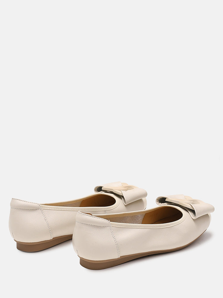 Jan Buckle Bow Square Toe Ballerinas- Beige