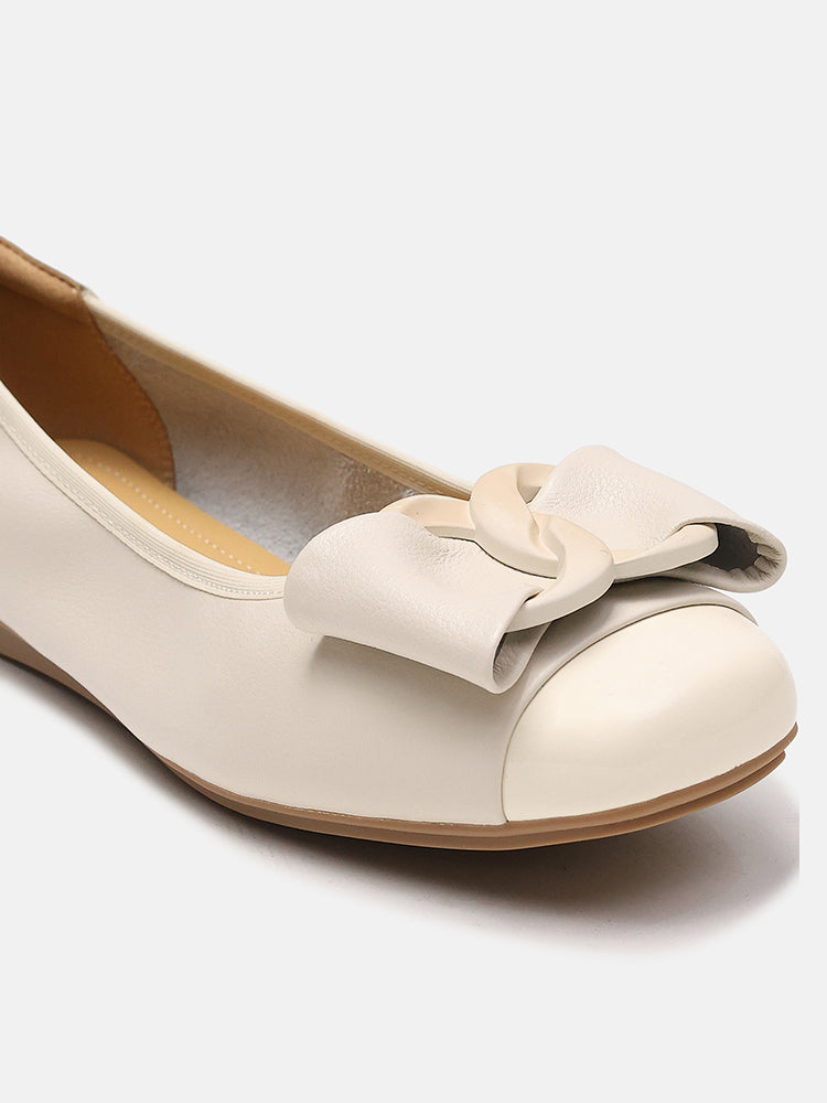 Jan Buckle Bow Square Toe Ballerinas- Beige