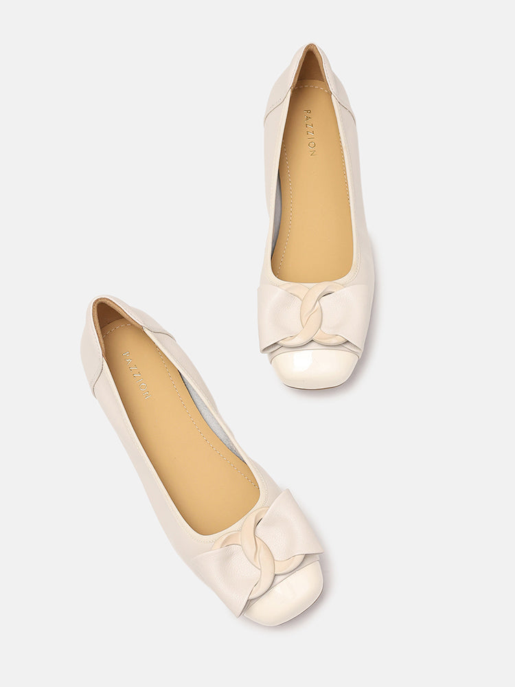 Jan Buckle Bow Square Toe Ballerinas- Beige