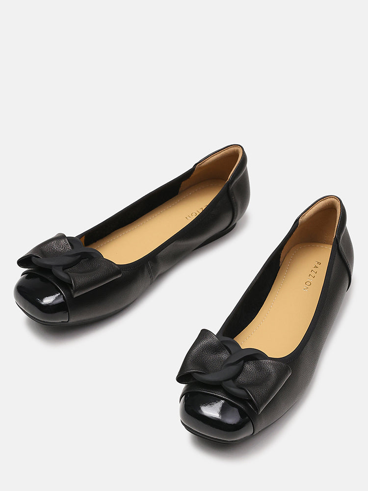 Jan Buckle Bow Square Toe Ballerinas- Black