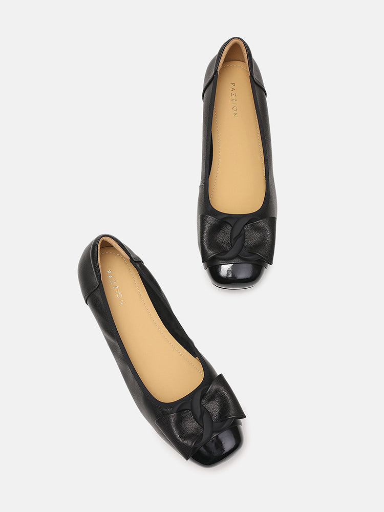 Jan Buckle Bow Square Toe Ballerinas- Black