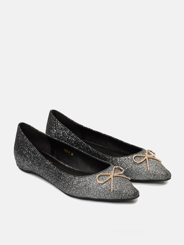 Ombre Glitter Pointed Toe Ballerinas- Black