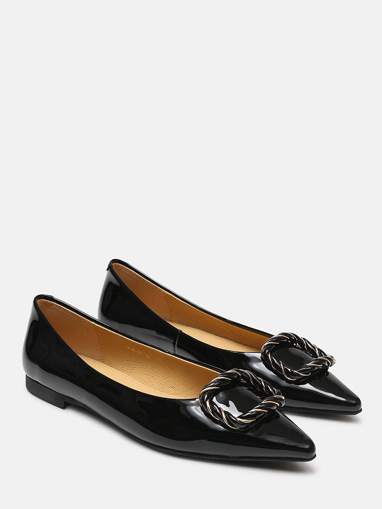 Jan Buckle Bow Square-Toe Ballerinas- Black