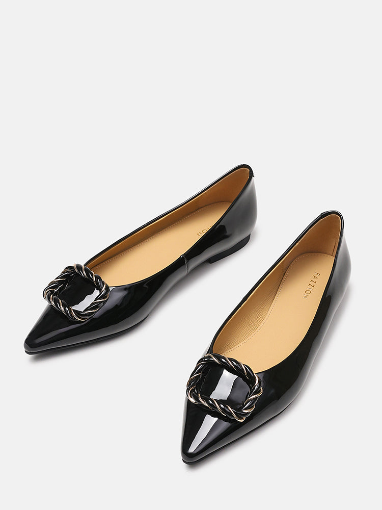 Jan Buckle Bow Square-Toe Ballerinas- Black