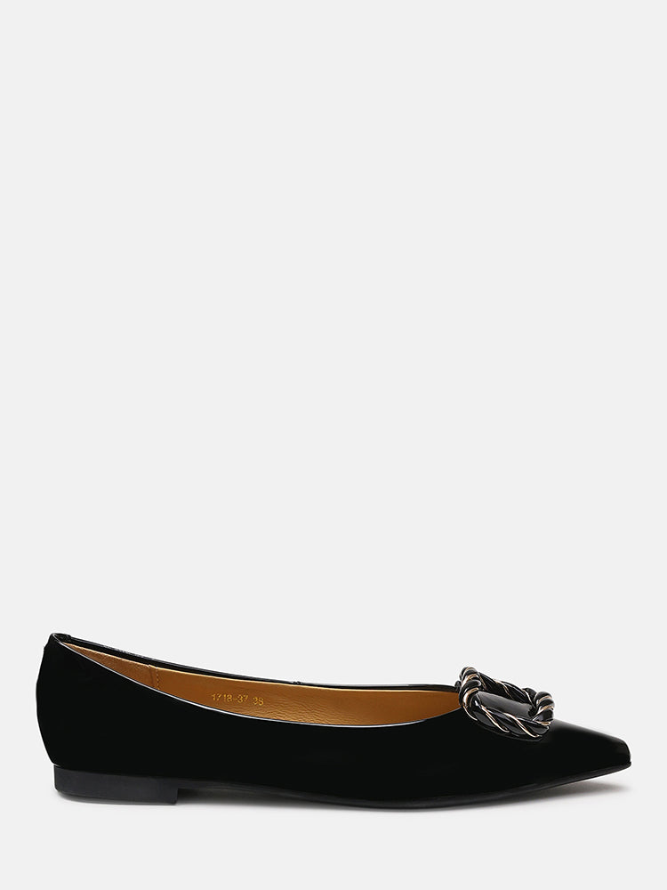 Jan Buckle Bow Square-Toe Ballerinas- Black