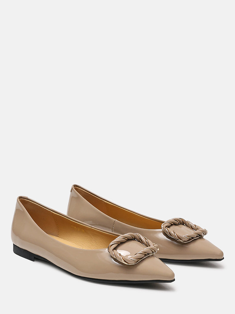 Jan Buckle Bow Square-Toe Ballerinas- Khaki