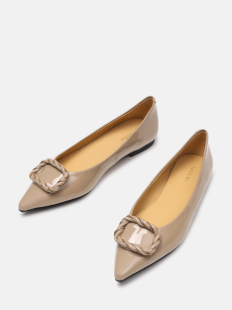 Jan Buckle Bow Square-Toe Ballerinas- Khaki