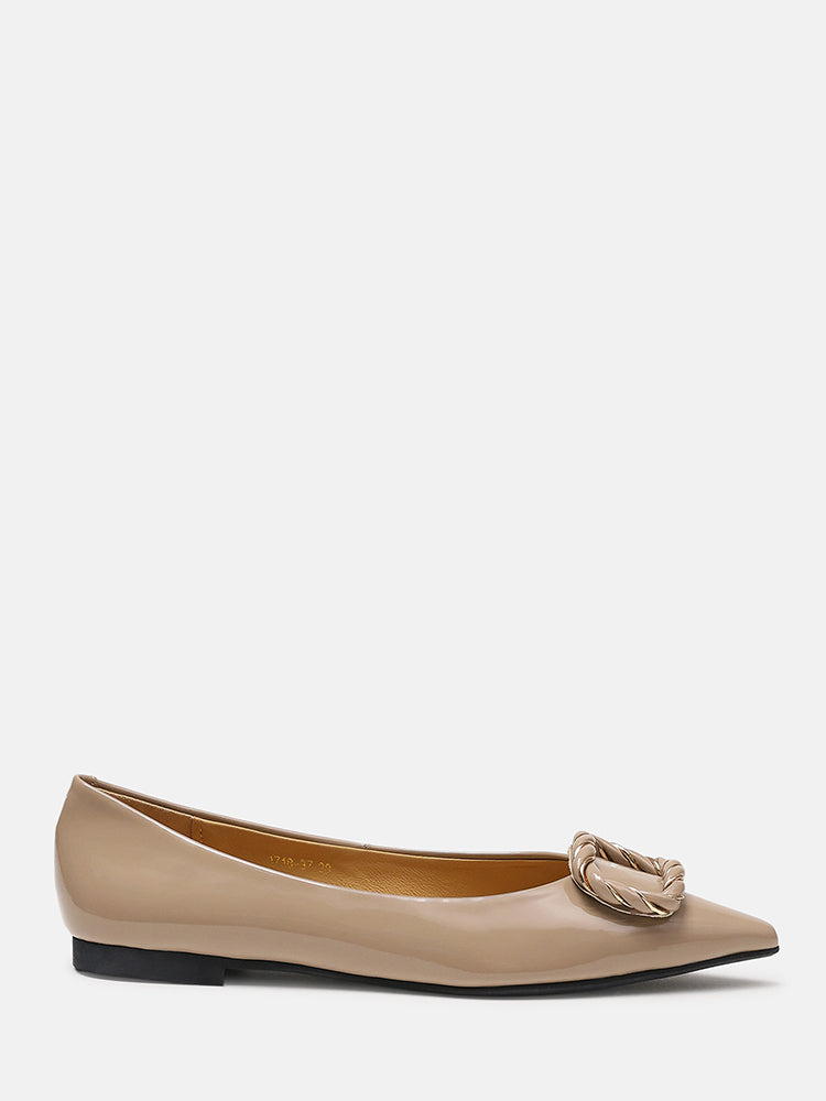 Jan Buckle Bow Square-Toe Ballerinas- Khaki