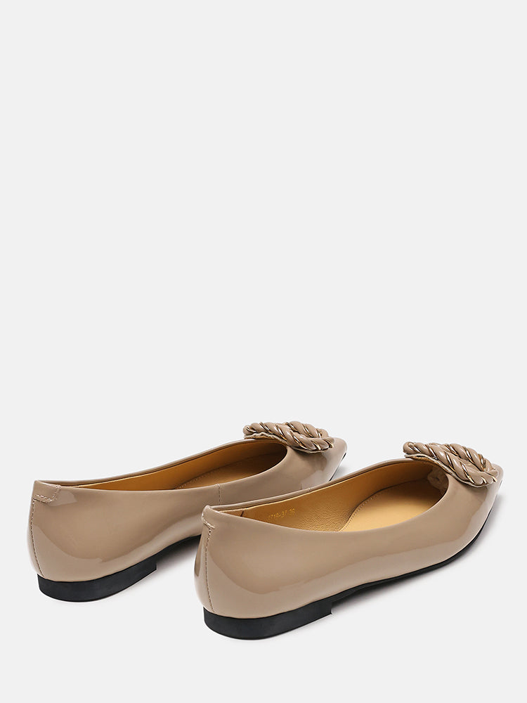 Jan Buckle Bow Square-Toe Ballerinas- Khaki