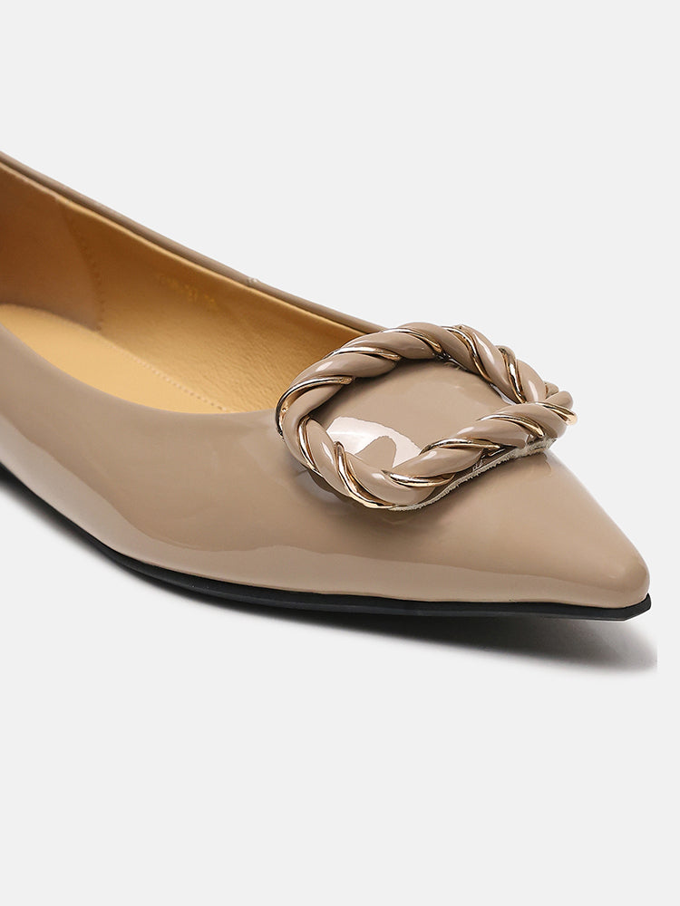 Jan Buckle Bow Square-Toe Ballerinas- Khaki