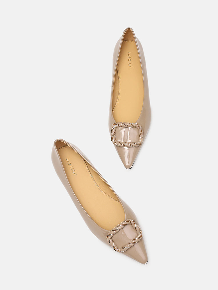 Jan Buckle Bow Square-Toe Ballerinas- Khaki
