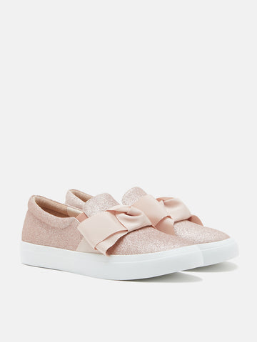 Glitter Bow Slip-On Sneakers- Champagne