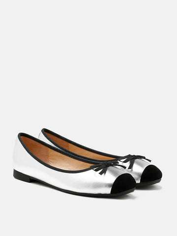 Metallic Square-Toe Bow Ballerinas- Silver