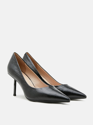 Croc Embossed Stiletto Heels- Black