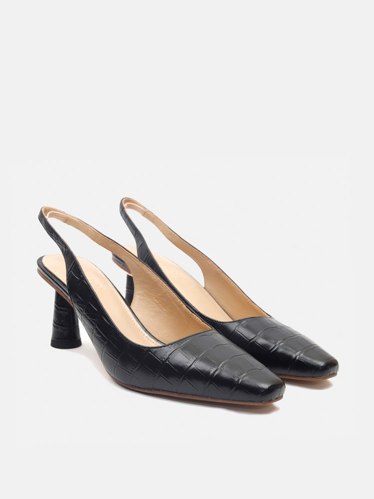 Slingback Croc Court Shoes Patent Leather Black Crocodile Heels