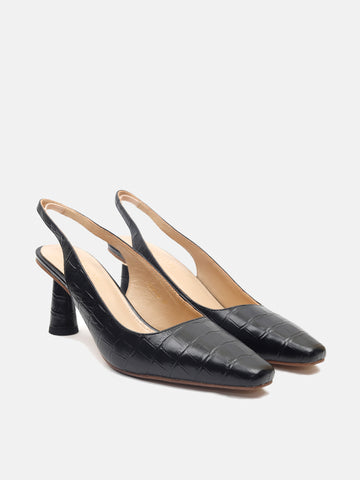 Croc Embossed Slingback Heels-Black
