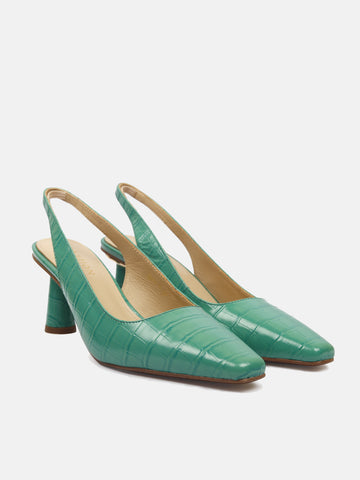 Croc Embossed Slingback Heels- Green