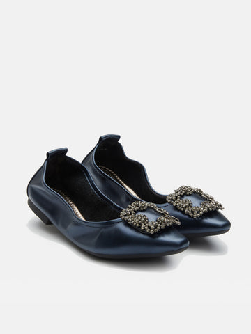 Crystal Buckle Foldable Ballerinas- Dark Blue