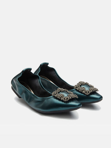 Crystal Buckle Foldable Ballerinas- Dark Green