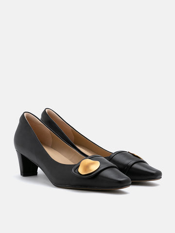Low Round-Toe Block Heels- Black