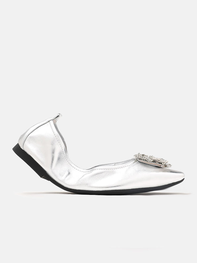 Silver Everlee Crystal Embellished Buckle Foldable Ballerinas