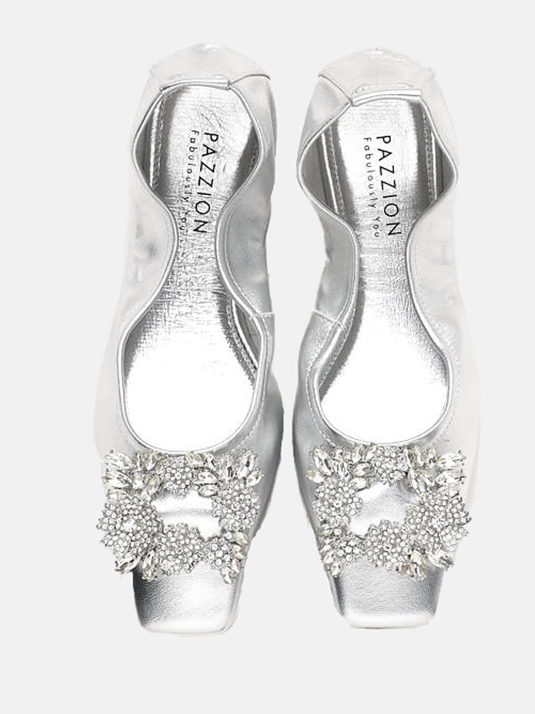 Silver Everlee Crystal Embellished Buckle Foldable Ballerinas