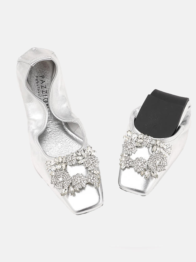 Silver Everlee Crystal Embellished Buckle Foldable Ballerinas