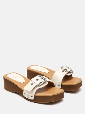Pat Buckle Wedge Sandal Heels-Beige