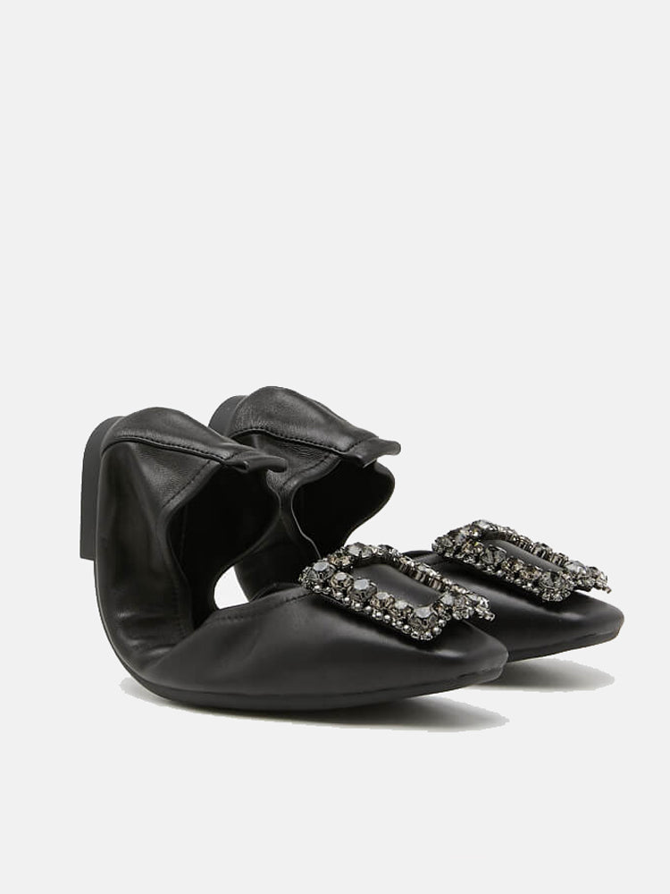 Crystal Buckle Foldable Ballerinas- Black