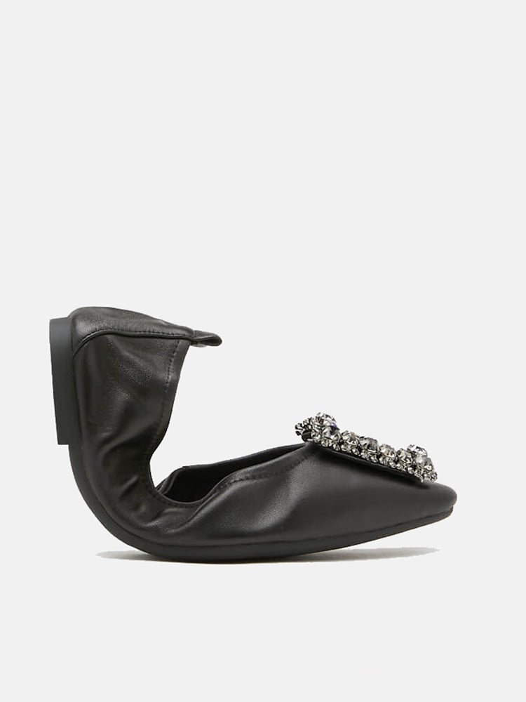 Crystal Buckle Foldable Ballerinas- Black