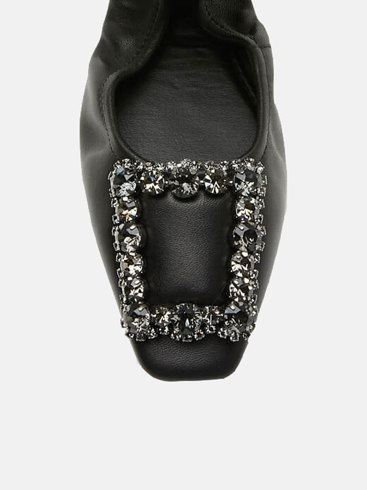 Crystal Buckle Foldable Ballerinas- Black