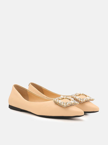 Pearl Diamante Embellished Ballerinas- Yellow