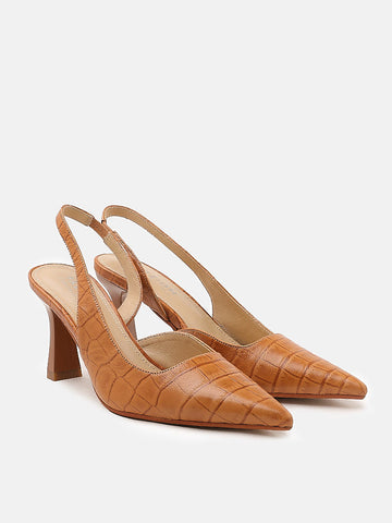 Croc Embossed Slingback Heels- Brown
