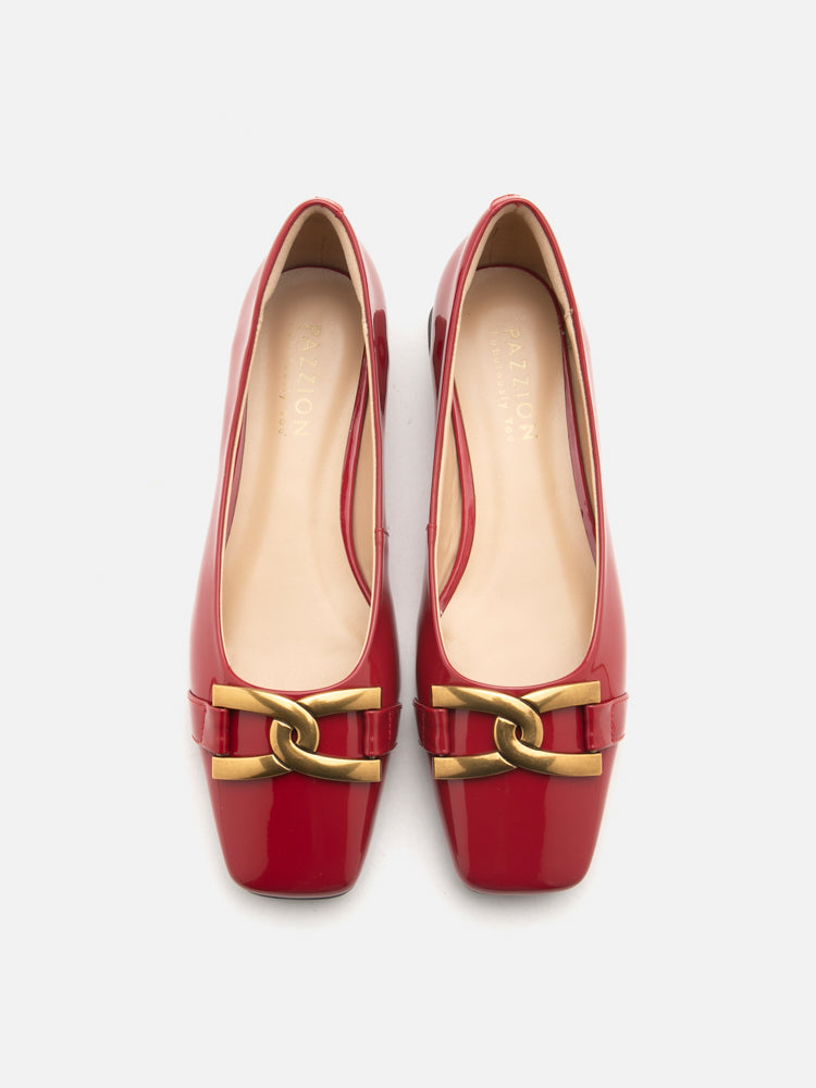 Lucinda Gold Buckle Patent Covered Flats