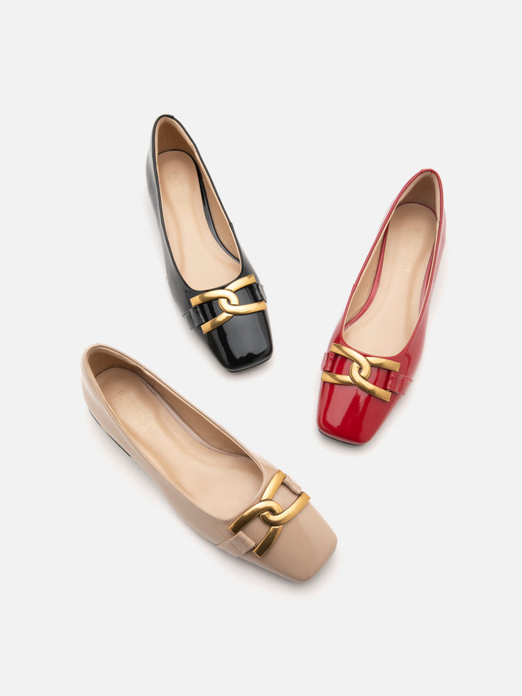 Lucinda Gold Buckle Patent Covered Flats