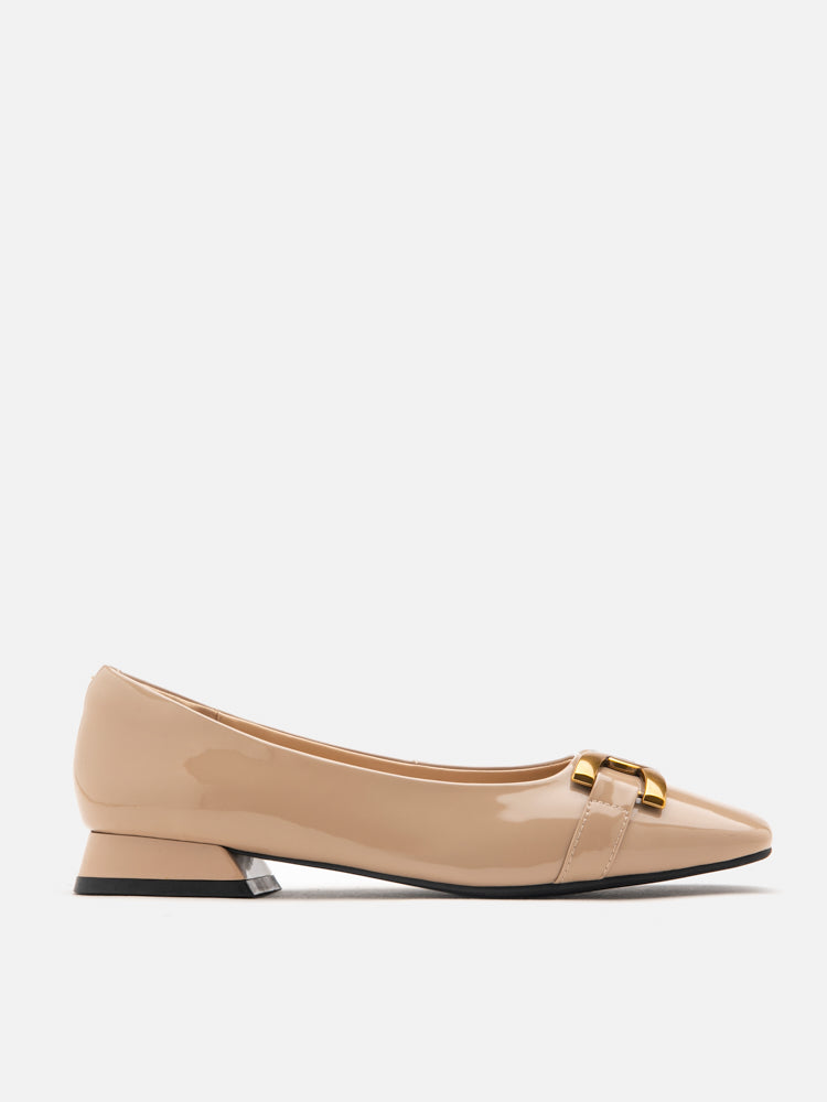 Lucinda Gold Buckle Patent Covered Flats