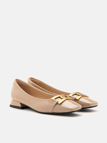 Lucinda Gold Buckle Patent Covered Ballerinas- Almond