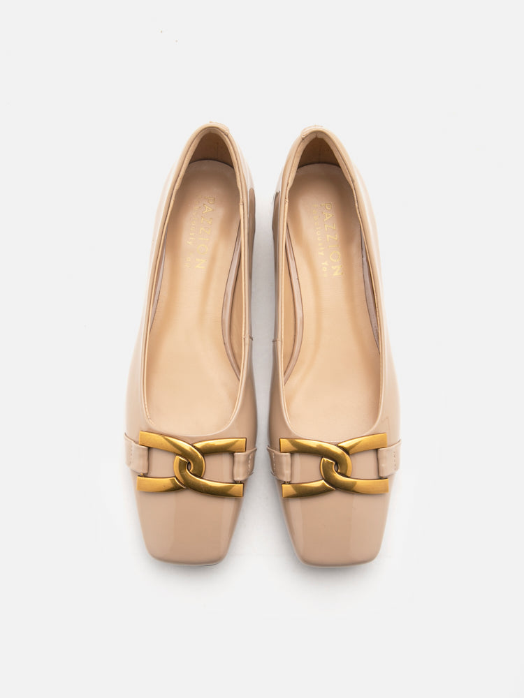 Lucinda Gold Buckle Patent Covered Flats