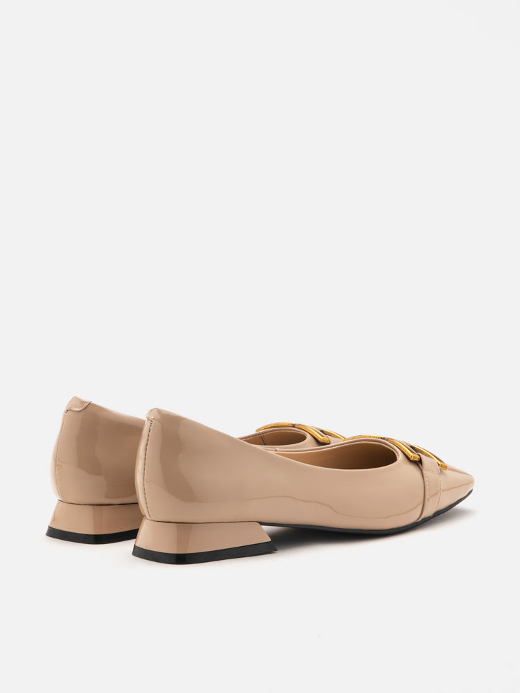 Lucinda Gold Buckle Patent Covered Flats