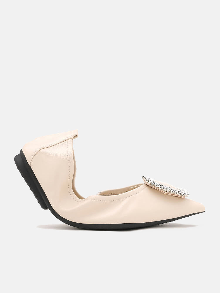 Beige Diamante Buckles Foldable Ballerinas