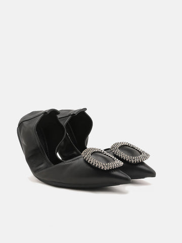 Diamante Buckles Foldable Ballerinas- Black